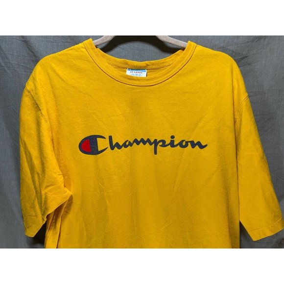 Vintage Champion Shirt Adult 2XL Yellow Spell Out Pullover Short Sleeve Tee Mens - Picture 2 of 8